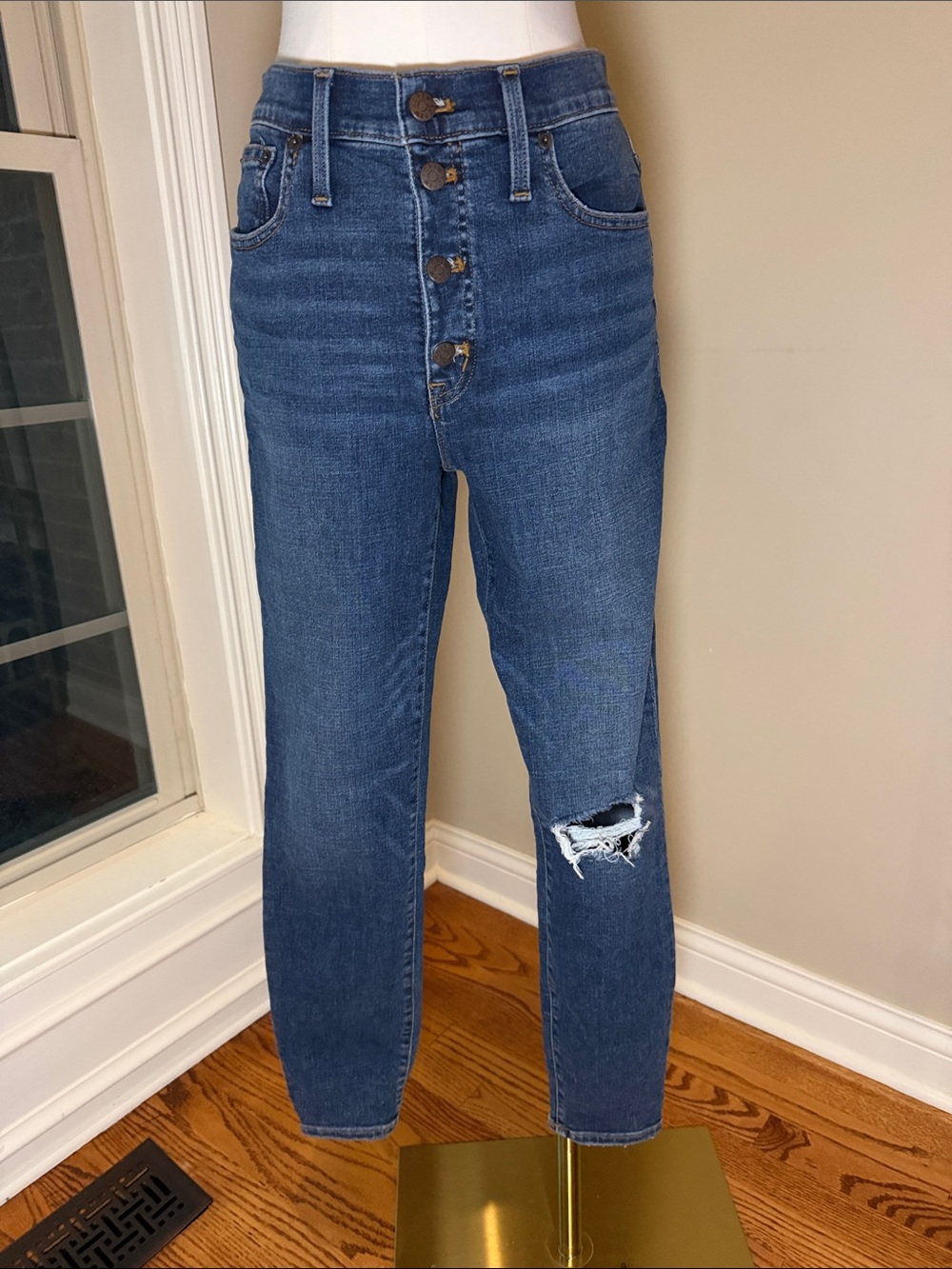 J. Crew Factory High-Rise Button-Fly Distressed Jeans - Indigo Blue